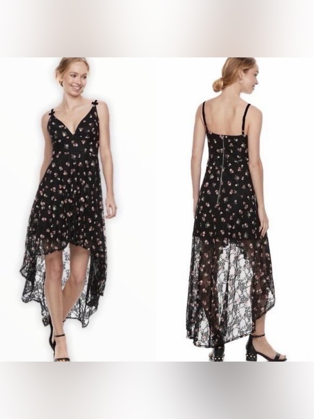 Disney Princess Black Floral Lace High Low Maxi Dress M Velvet Straps